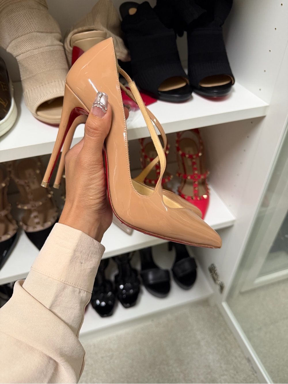 Christian Louboutin Nude Patent Leather Crisscross Pointed-Toe Pumps - Picture 2 of 6